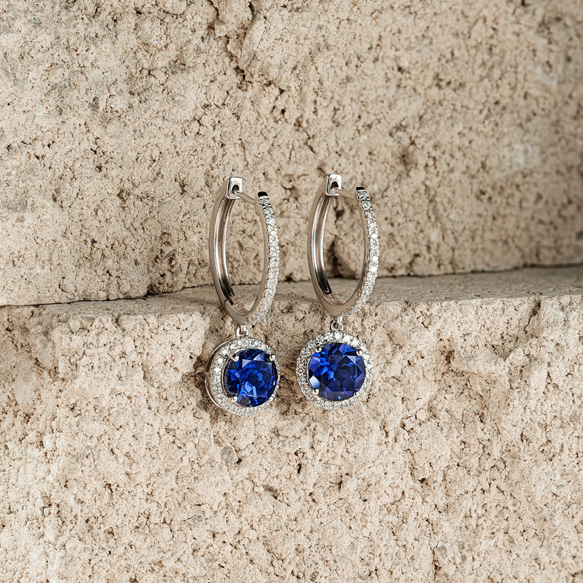 Astra 7.00ct Lab Sapphire and Diamond Drop Halo Round Cut Earrings in Silver